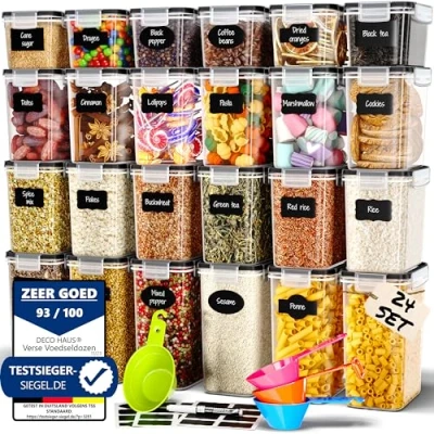 Afbeelding van Deco haus® Plastic Voorraadbussen, Herbruikbare Voedsel Voorraadpotten met Luchtdicht deksel, Veilig in Magnetron, Vaatwassen &amp; Vriezer, BPA vrije Potten, Keuken Bewaaroplossing Set van 24