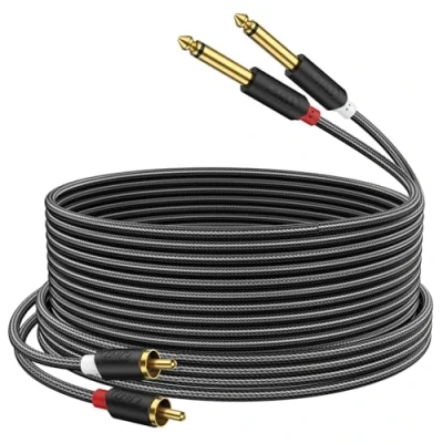 Afbeelding van J&amp;D Dual 1/4 inch TS naar RCA Verbindingskabel, Vergulde Audiowave Series 2 x 6,35 mm Mannelijk Stereo Audio Adapter met PVC Behuizing en Nylon Braid (4,5 Meter)