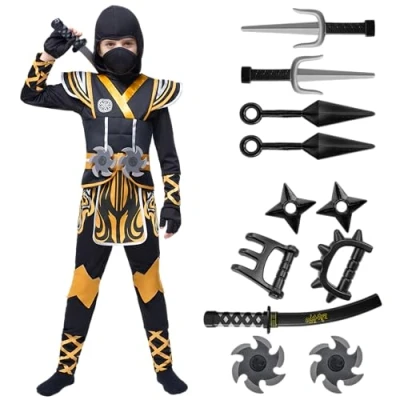 Afbeelding van Spooktacular Creations Gouden ninja kostuum voor kinderen, peuter, themafeesten, Halloween kostuum, aankleden (3 4 jaar)