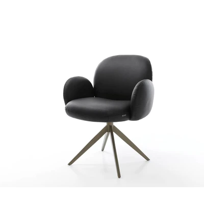 Afbeelding van Eetkamerstoel Nube Flex met armleuning kruisframe breed afwerking titaniumeffect echt leer zwart pocketveer kern 360 draaibaar