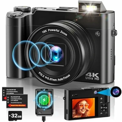 Afbeelding van 4K digitale camera fotocamera dual 64 MP autofocus vlogging met 32 GB geheugenkaart, compacte voor jongeren en beginners