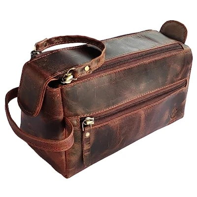 Afbeelding van Leren toilettas voor heren Reistoilettas Scheren Dopp Kit Toiletartikelen Organizer Lederen make uptas dames