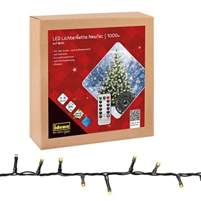 Afbeelding van Idena 31115 Lichtketting NewTec met 1000 LED in warm wit, kabelhaspel, 8 lichtpunten, 4 dimmer en geheugeninstellingen, uur timerfunctie, ca. 35 m lang, voor feesten, kerst bruiloft.