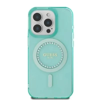 Afbeelding van CG Mobile Guess Magsafe IML hard hoesje met strass steentjes ontwerp voor iPhone 16 Pro Max groen