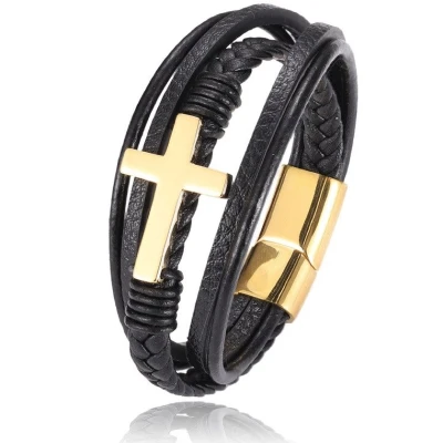 Afbeelding van Armband Heren Zwart Leer met Goud kleurig Kruis 23cm Leren Armbanden Cadeau voor Man Mannen Cadeautjes