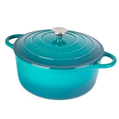 Afbeelding van Gietijzeren Pot met Deksel Anti aanbaklaag, Ovenbestendig, Geëmailleerde Braadpot Robuust Kookgerei Blauwgroen 6L Van Nuovva