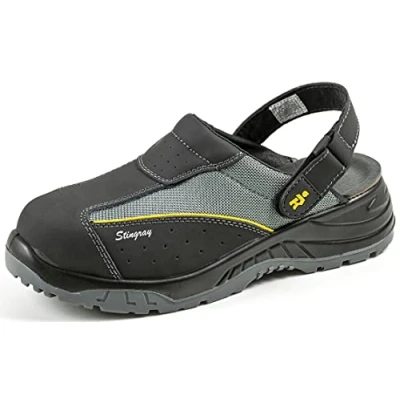 Afbeelding van EUROROUTIER Stingray Black Leather Clogs veiligheidsschoenen, CE EN ISO SB+A+E+FO+SRC gecertificeerd, Zwart Grijs, 49 EU