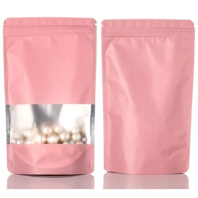 Afbeelding van Rimiko 50st Hersluitbare Mylar Stazak, Ritssluiting Plastic Zakjes voor Voedsel, Rits Aluminiumfolie Zakken met Doorzichtig Venster, Ziplock Kleurverpakking (Roze, 12x20 cm)