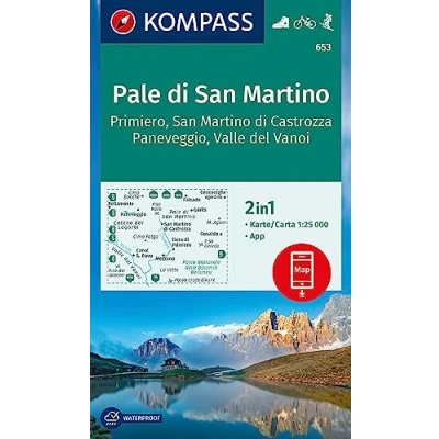 Afbeelding van Cartina escursionistica n. 653 Pale di San Martino: markierte Wanderwege, Hütten, Fahrradwege, inklusive Karte zur offline Verwendung in der KOMPASS App