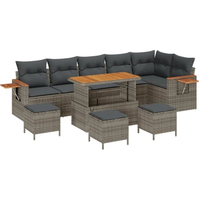 Afbeelding van vidaXL 10 delige Tuin Sofa Set met Kussens Grijs Poly Rattan Acacia, 4 Eet Acacia
