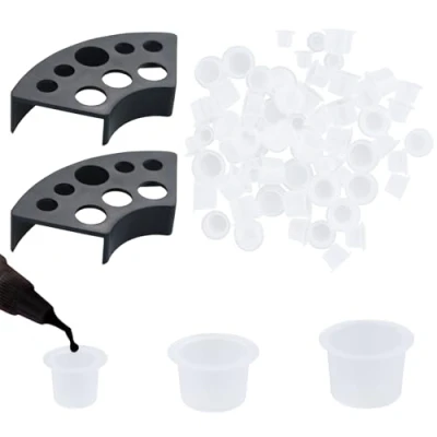 Afbeelding van 300 stuks tattoo inktbekers met 2 bekerhouders, kunststof verfhouder, kleine inkt pigment cups + houder voor inkt, permanente make up container, cap accessoires