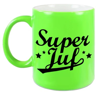 Afbeelding van Super juf beker / mok neon groen 330 ml afscheidscadeau bedankt cadeau feest mokken
