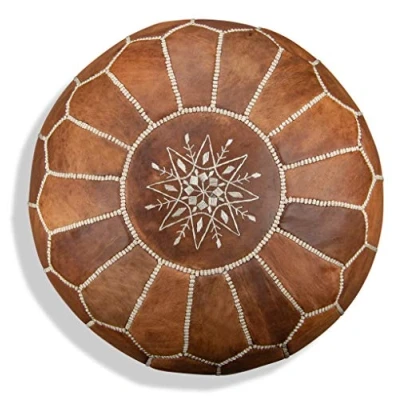 Afbeelding van Poufs&amp;Pillows Cognac Brown Ronde Leren Poef