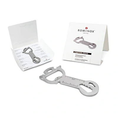 Afbeelding van Cadeauartikel: ROMINOX sleuteltool, 18 functies, sleuteltool sleutelhanger, winkelwagenoplosser, roestvrijstalen multitool + functiebeschrijving, multifunctioneel gereedschap, reizen of vakantie