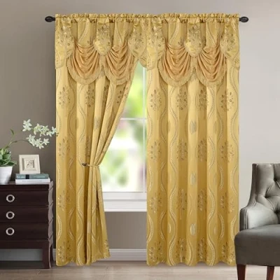 Afbeelding van Elegant Comfort Aurora Jacquard look gordijnpaneel set met bevestigde volant 137 x 213 cm (set van 2), goud