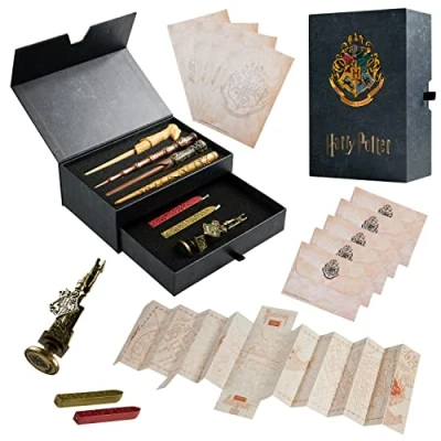 Afbeelding van Harry Potter geschenken, schrijf set aandenken doos met toverstaf letters, stempel waszegel, plunderaars kaart en pennen
