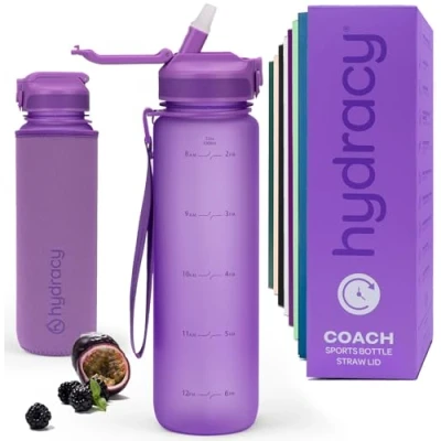 Afbeelding van Drinkflessen met rietje en tijdmarkering, 1 liter, BPA vrij, lekvrij, sportflessen, condensed water vrije waterflessen, ideaal voor sport buitenactiviteiten, Berry Blue