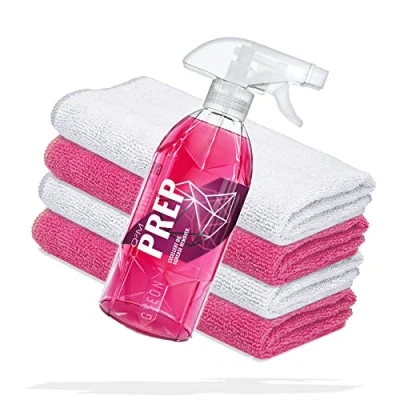 Afbeelding van detailmate GYEON Q²M Prep Autolakvoorbereiding set: 500 ml + 2 x premium microvezeldoek 320 g/m² 40 cm wit roze