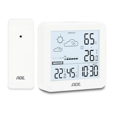 Afbeelding van ADE Klein digitaal weerstation met buitensensor en weersvoorspelling, binnen buitentemperatuur, luchtvochtigheid, radiogestuurde klok wekker, incl. batterijen, wit