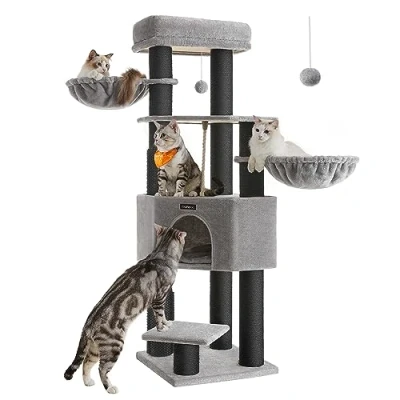 Afbeelding van Feandrea PCT003W01 Krabpaal met zelfverwarmende dekens, voor grote katten, kattenboom, 2 kattenborstels, 9 dikke stammen van 11,1 cm in diameter, platforms, hol, 50 x 160 cm,