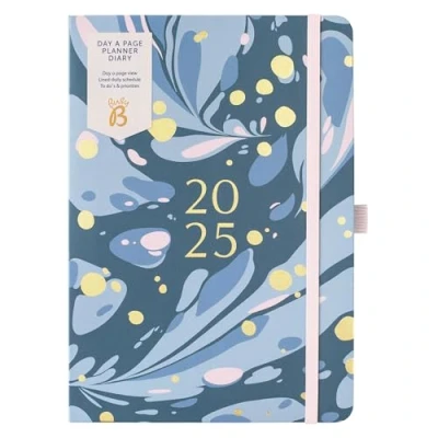 Afbeelding van Busy B Day A Page Planner 2025 A5 marmerontwerp voor weekplanner, compact dagboek met indeling van uur tot uur, takenlijsten en notities, ideaal studenten, docenten professionals