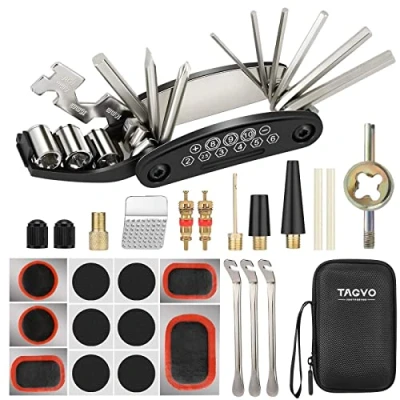 Afbeelding van TAGVO Fietsgereedschapsset, 16 in 1 multifunctioneel gereedschap met patchkit en bandenlichter, fiets fix toolkit, fietsfietsfietsreparatiegereedschapset, cyclus onderhoudskits tas