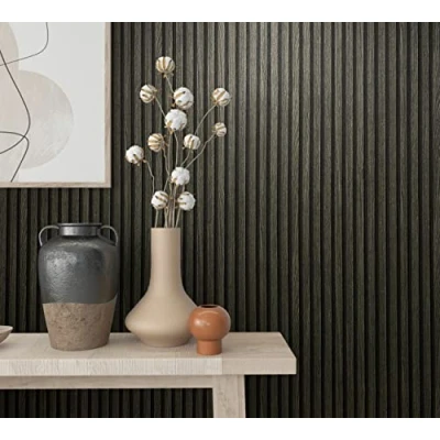 Afbeelding van marburg Behang zwart antraciet houtlook strepen panelen hoogwaardig vliesbehang voor woonkamer slaapkamer of keuken 10,05 x 0,53 m premium kwaliteit Made in Germany