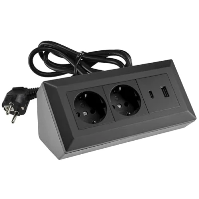 Afbeelding van Stekkerblok, hoekstopcontact, 2 voudig geaard stopcontact, USB A, C PD met 1,5 m kabel, zwart
