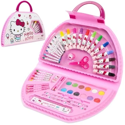 Afbeelding van Hello Kitty Schilderkunstset voor kinderen, schilderen, tekenen, kleurkunstbenodigdheden in reisdraagtas geschenken meisjes (wit/roze)