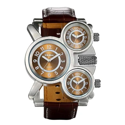 Afbeelding van JewelryWe Uniek oversized polshorloge voor heren, drie tijdzones, analoog, kwartshorloge, sporthorloge met leren armband, bruin, Feestelijke gelegenheden