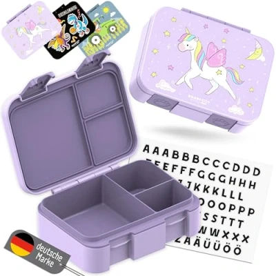 Afbeelding van BEARFOOT Bento Box compact, BPA vrije kinderbroodtrommel voor school en kleuterschool, lekvrije lunchbox meisjes jongens, praktisch, licht eenhoorn paars, 650 ml