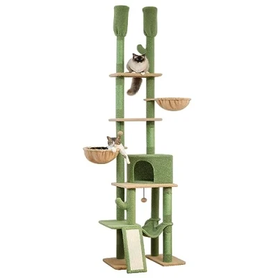 Afbeelding van Petepela Cactus kattenboom van vloer tot plafond kattentoren met verstelbare hoogte (216 285cm), 5 lagen klimactiviteitencentrum voor katten behaaglijke hangmat, platforms en bungelende ballen