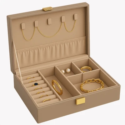 Afbeelding van Cheqo® Sieradendoos Kunstleer Bijouteriedoos Sieradenkoffer Juwelendoos Sieraden Organizer Taupe Doos Sieradendoosje Met Kettinghaakjes en Ringklemmen