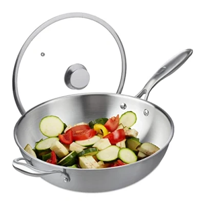 Afbeelding van Relaxdays wokpan rvs, geen antiaanbaklaag, Ø 32 cm, deksel en handgreep, voor elektrisch , gasvuur of inductie, zilver