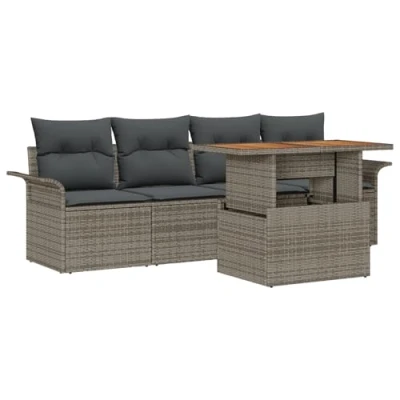 Afbeelding van vidaXL 5 delige Tuin Sofa Set met Kussens Grijs Poly Rattan, 2 Zitter Opslag &amp; Rattan