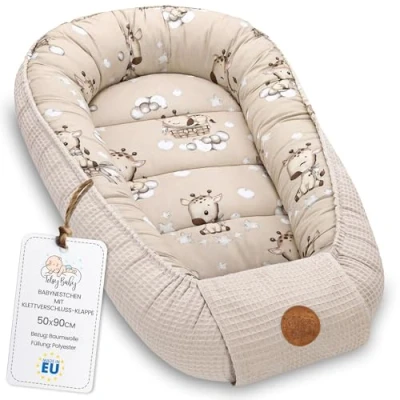 Afbeelding van Babynest pasgeboren nest baby 90x50 cm cocon handgemaakt dubbelzijdig gemaakt van wafelpiqué katoen Giraffen