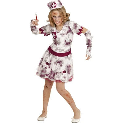Afbeelding van Widmann Zombie Kostuum Izzy Verpleegster Meisje Rood, Wit / Beige Maat 140 Halloween Verkleedkleding