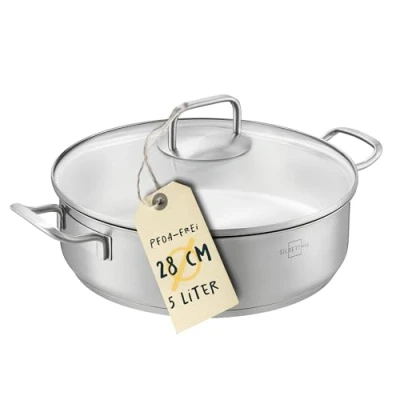 Afbeelding van SILBERTHAL Stoofpan, ongecoat, 28 cm hoge rand, serveerpan met deksel, geschikt voor de oven tot 400 graden, inductie, 5 l