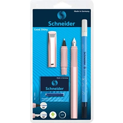 Afbeelding van Schneider 74869 Ceod Shiny Schrijfset met vulpen, roller, inkeping (rechts en linkshandigen, M veer, incl. inktpatronen koningsblauw) powder pink