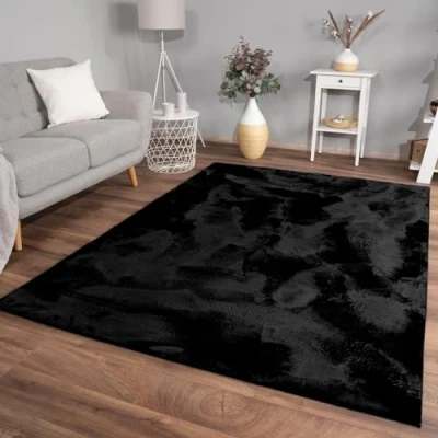 Afbeelding van Hoogpolig Tapjit Shaggy Woonkamer Modern Effen Kleur Fluffy, Kleur: Zwart, Maat:120x160 cm