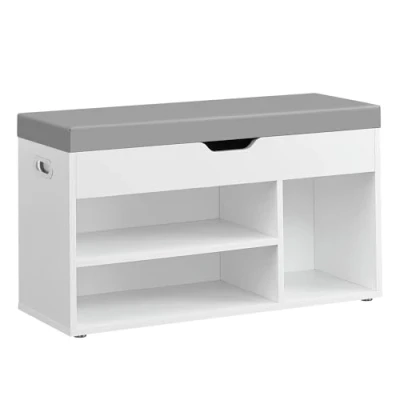 Afbeelding van VASAGLE schoenenbank met zitting, bank opbergruimte, gevoerd, 3 open vakken, vak onder zitkussen, schoenenrek voor woonkamer, hal, draagvermogen tot 150 kg, wolkenwit LHS030W01
