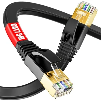 Afbeelding van LAN kabel 5 meter, Cat 7 m platte netwerkkabel Gigabit Ethernet S/FTP, 10000 Mbit s, PIMF afscherming, Cat7 ruwe met RJ45 stekker Switch Router Access Point