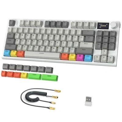 Afbeelding van ATTACK SHARK RK86 Pro 75% Draadloos Mechanisch Toetsenbord, 2.4G/BT5.0/USB C Bedraad Tri mode Gamingtoetsenbord, QWERTY, 1,2 TFT HD Kleurenscherm en Knob, RGB Backlit Hot Swap Linear Switch PBT Keycap Grijs