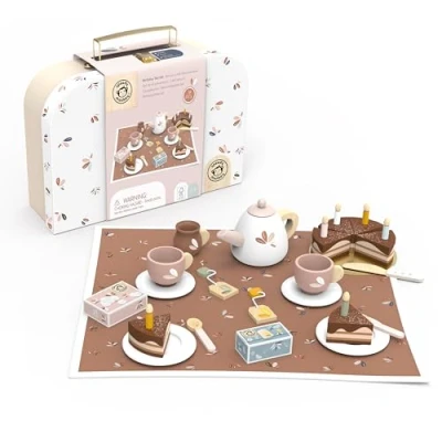 Afbeelding van Speedy Monkey Verjaardagstheeservies Inclusief theepot, kopjes, schotels, speelvoedsel en deken met etui Premium FSC gecertificeerd hout Veilige niet giftige verf gladde randen Geweldig