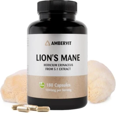 Afbeelding van Lions Mane Leeuwenmanenpaddestoel 180 capsules Nootropische paddenstoel Medicinale Hericium Erinaceus extract 1000mg Veganistisch, geen kunstmatige vulstoffen Ambervit