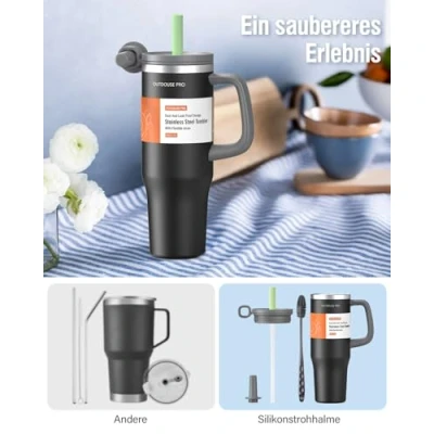 Afbeelding van Dubbelwandige roestvrijstalen mok met handvat en rietje, 1200 ml, geïsoleerde beker, autobeker, reisbeker, warme koude dranken, zwart