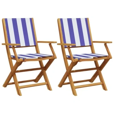 Afbeelding van Tuinstoelen 2 st massief acaciahout en stof blauw wit