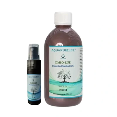 Afbeelding van AQUAPURELIFE® DMSO 70% dimethylsulfoxide verpakt in amberkleurige glazen fles 250 ml met druppelaar