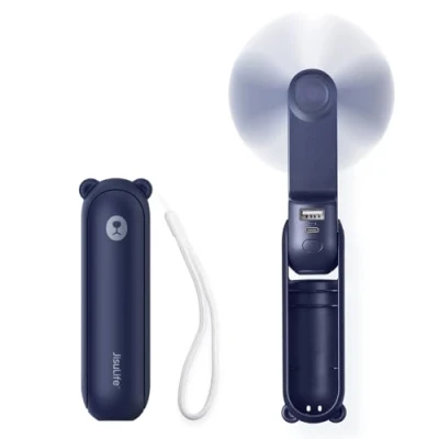Afbeelding van JISULIFE Draagbare mini ventilator, 3 in 1 handventilator, oplaadbare zakventilator, batterijventilator [12 19 werktijd] met powerbank, zaklamp functie blauw