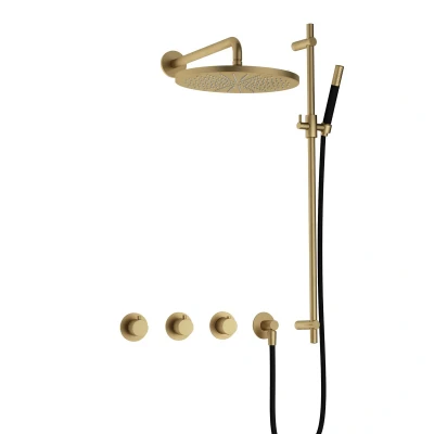Afbeelding van Hotbath Cobber Regendoucheset IBS70 Geborsteld Messing Staaf handdouche 30cm Hoofddouche Wandarm Handouche met glijstang